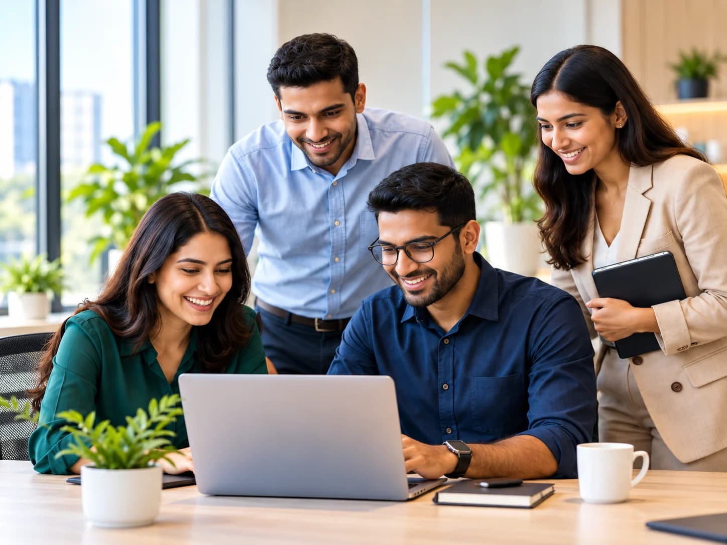 Four colleagues smiling as they look at a laptop together in a bright office