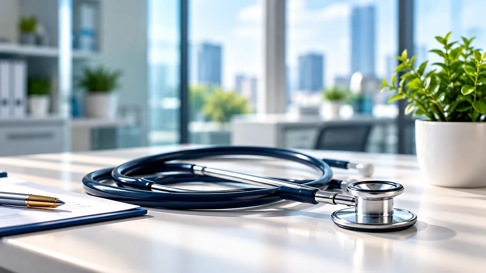 A stethoscope and clipboard on a desk in a bright clinic