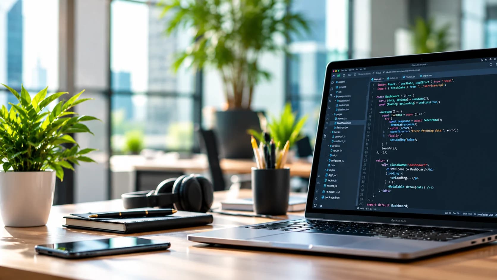 A laptop showing code on a desk in a bright, modern office