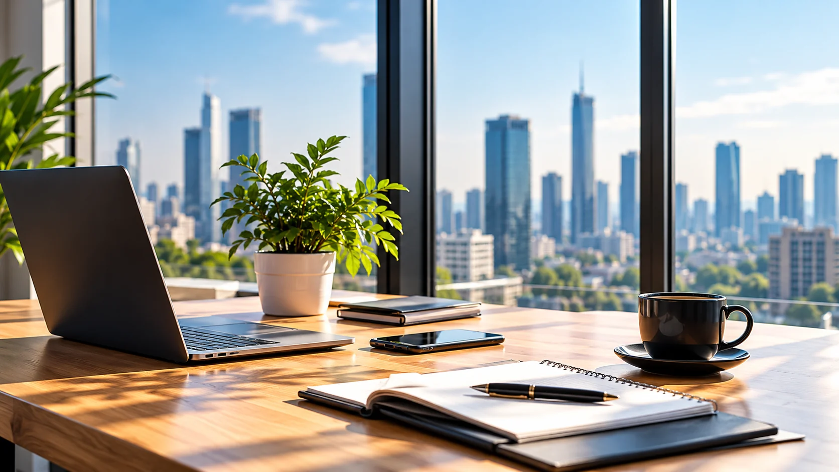 A laptop, notebook and coffee on a desk overlooking a city skyline