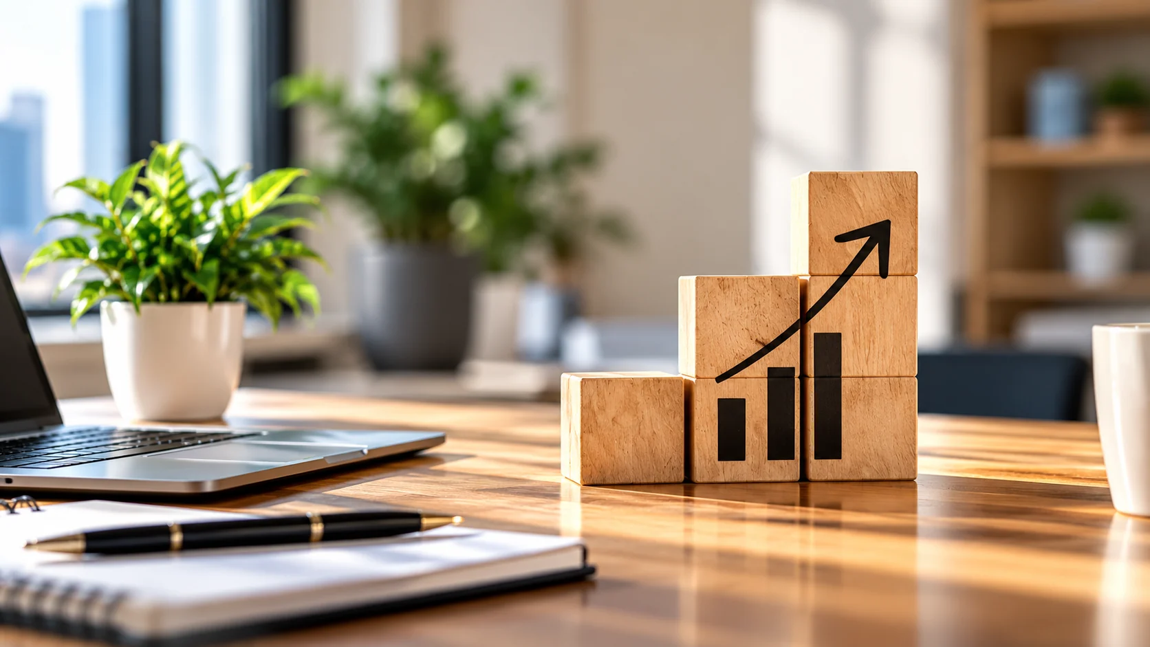 Wooden blocks showing a rising growth chart on an office desk