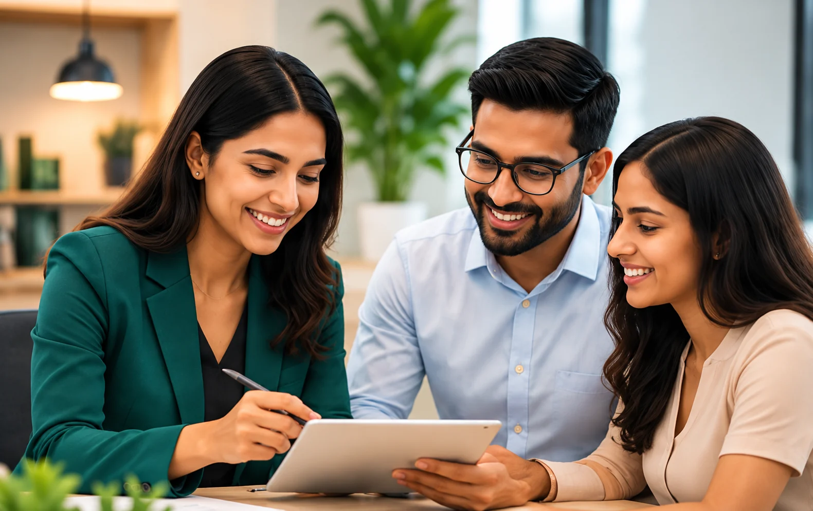 An HR consultant going through details on a tablet with two colleagues